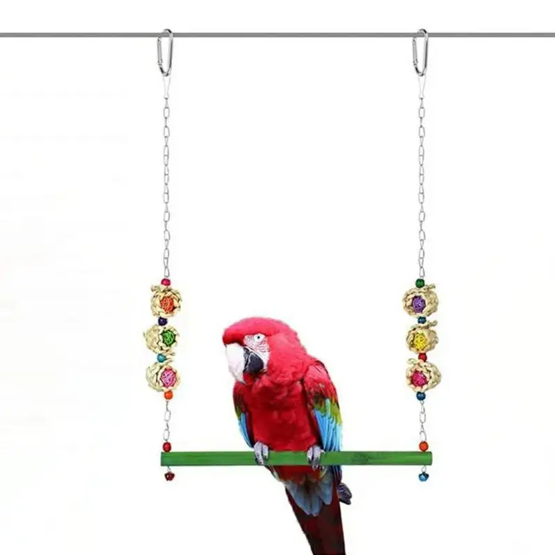 Natural Wooden Birds Perch Parrots Hanging Swing Cage Toys Stand Holder Pendant With Colorful Beads Chewing Toy