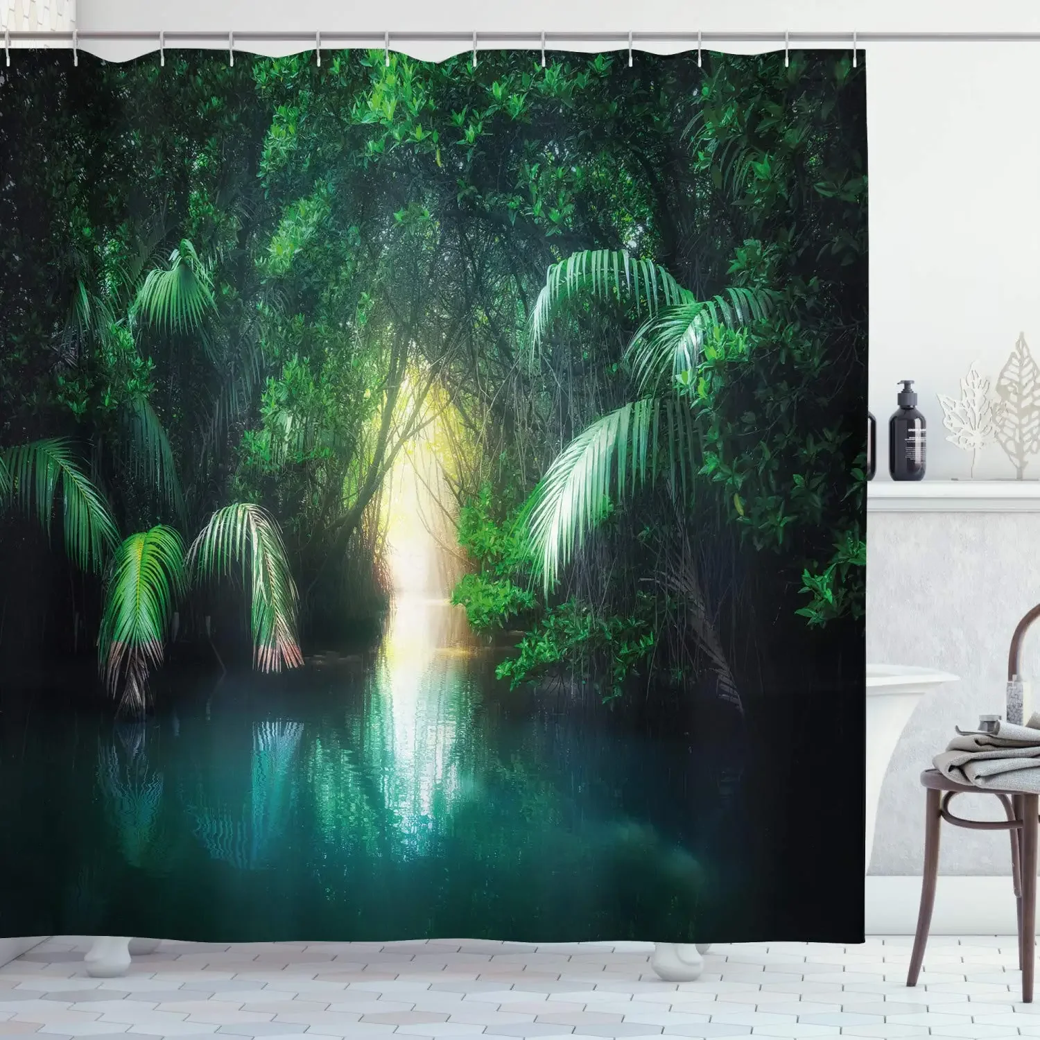 

Jungle Shower Curtain,Tropical Lake Mangrove Rainforest Pathway Through Sri Lanka Travel Destination,Cloth Fabric Bathroom Decor