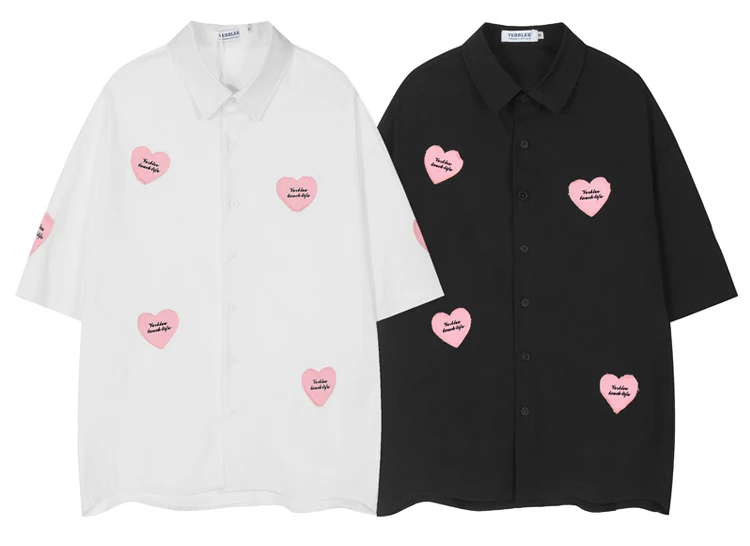Streetwear Retro Love Embedded White Short Sleeve Shirts 2024 Summer New Fashion Loose Slim Casual Flowers Blouse Women Clothes