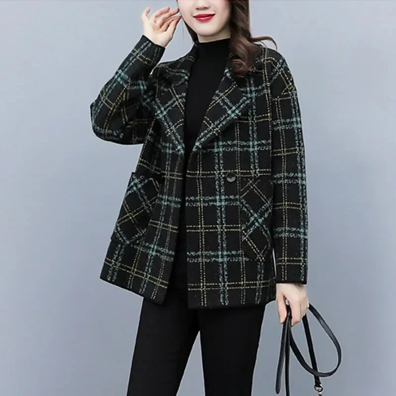 Double-Sided Woolen Short Coat for Women Autumn Winter Vintage High-End Plaid Suit Style Female Outerwear Korean Fashion - Image 2
