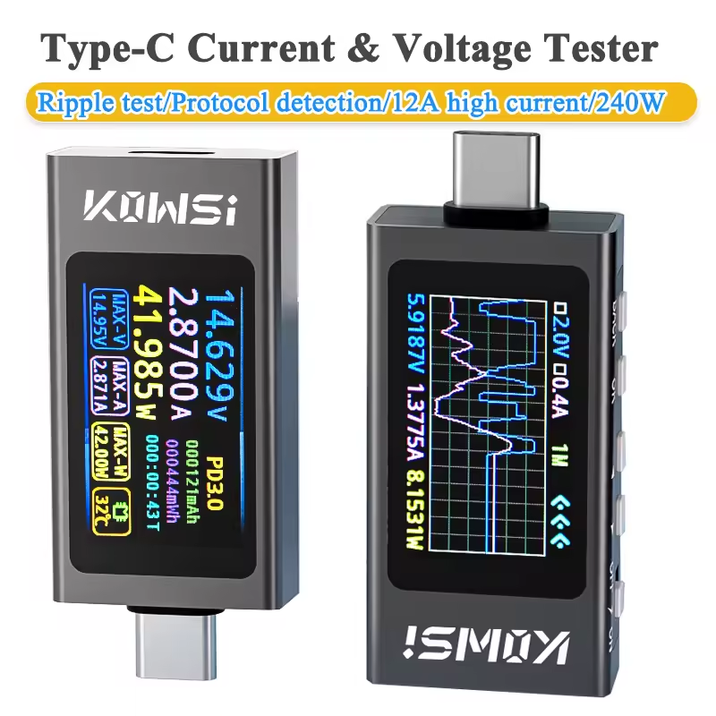KWS-X1 4V-30V 12A Type C Tester Voltmeter Ammeter TYPE-C Fast Charge Detection Trigger Capacity Measurement Ripple Measurement