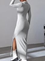 Women sexy knit V-neck reverse neck split dress autumn winter full sleeve elastic basic body sweater - Image 5