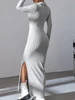 Women sexy knit V-neck reverse neck split dress autumn winter full sleeve elastic basic body sweater 5