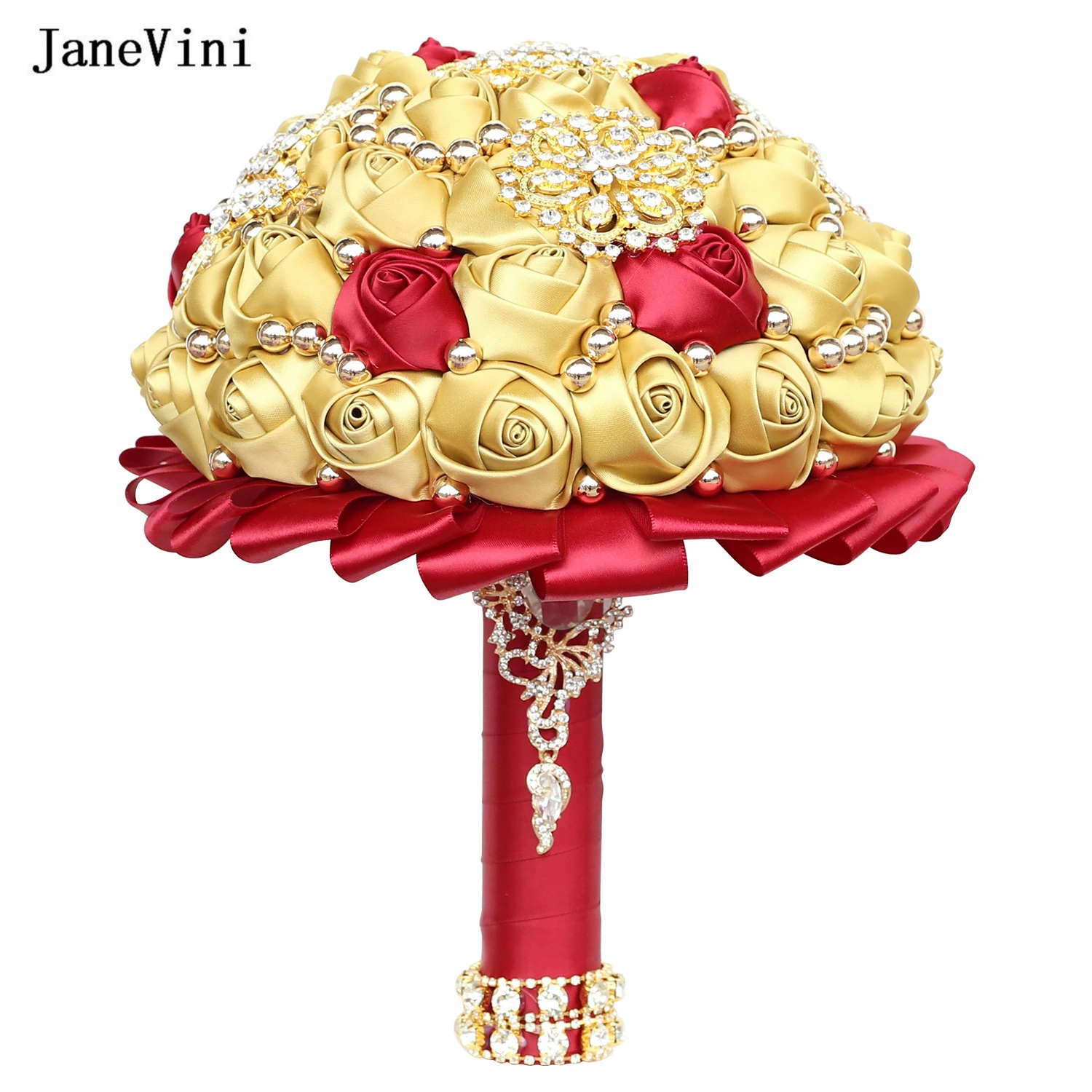 Wedding Bouquets JaneVini Stunning Light Gold&Red Flowers Luxury Bridal Bouquets Gold Jewelry Handmade Satin Roses Wedding Fake Bouquet Customize