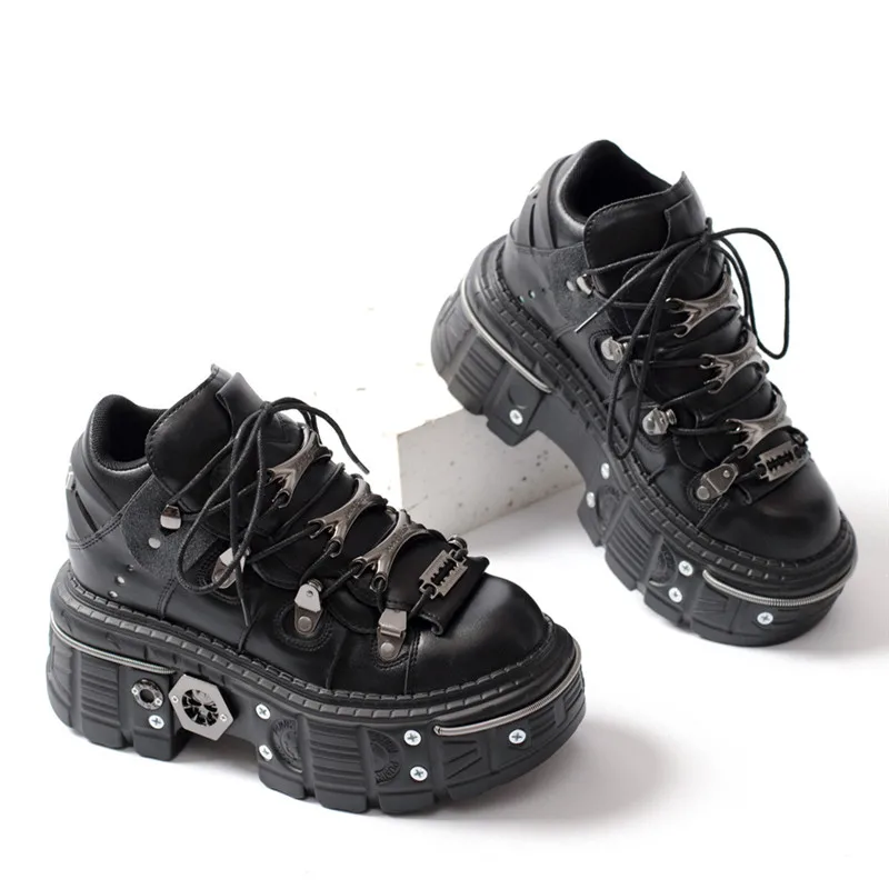 Fashion Women Punk Platform Shoes for Woman's Lace-Up Round Toe Metal Decoration Thin Heels Sneakers Gothic Party Nightclub Shoe 2