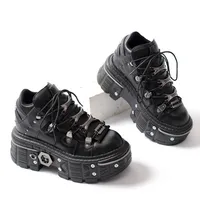 Fashion Women Punk Platform Shoes for Woman's Lace-Up Round Toe Metal Decoration Thin Heels Sneakers Gothic Party Nightclub Shoe 2