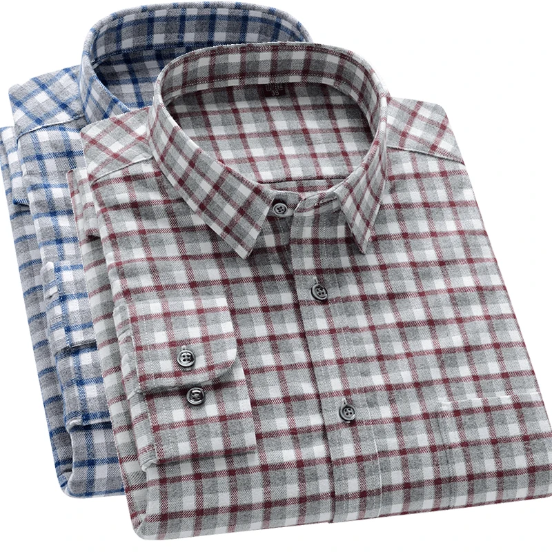 

S-5XL Men's Flannel Shirts Long Sleeve Pure Cotton Single Pocket Casual Plaid Thick Soft Cozy Brushed Shirts Blouse Men Clothing