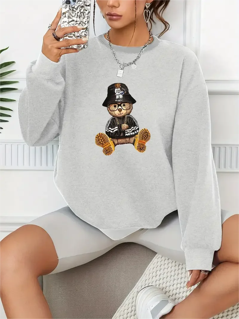 Cute Bear Print Pullover Casual Loose Fashion Long-Sleeved Sweatshirt Solid Color Women's Clothing