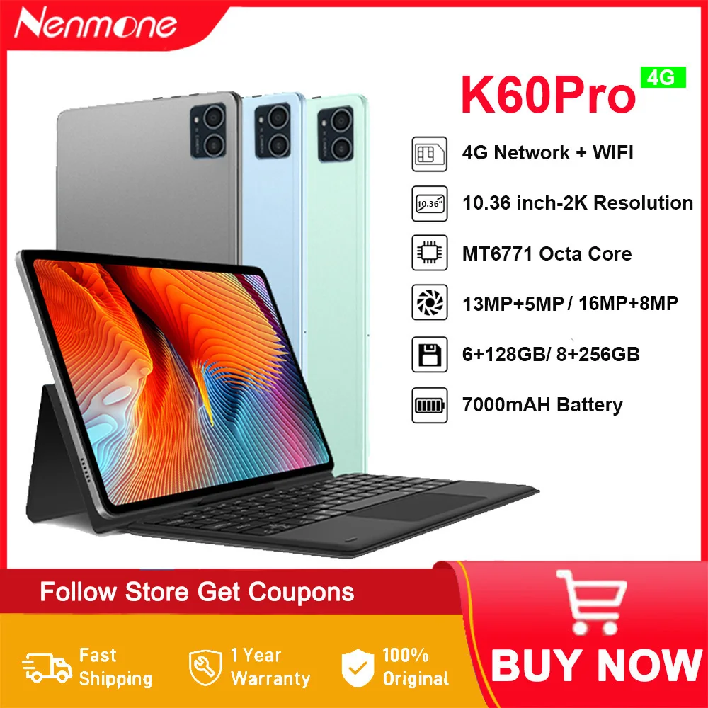 2024 Nenmone K60Pro 10.36 인치 4G LTE 태블릿, 2 in 1 안드로이드 11, 저렴한 태블릿, 256GB ROM, 2000*1200 패드, 옥타 코어, MTK 헬리오 P60