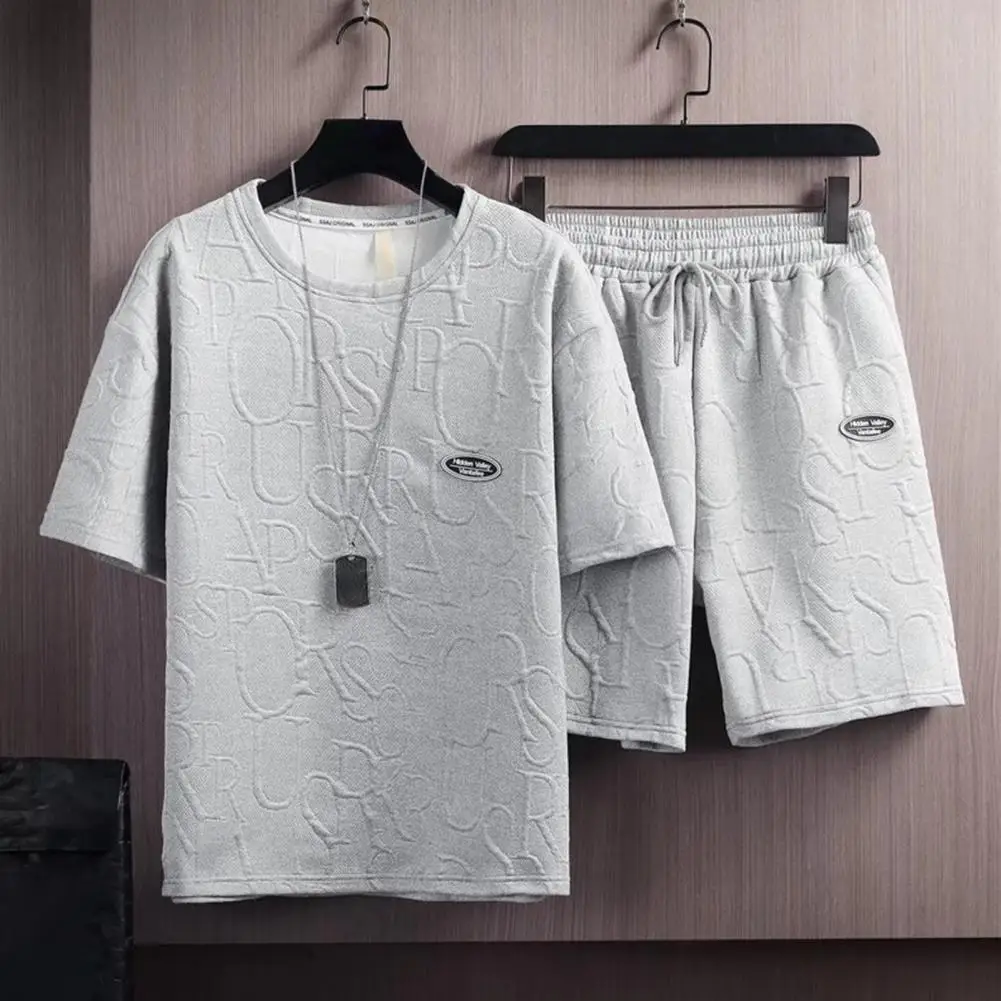 

Trendy Summer T-shirt Shorts Set Round Neck Solid Color Men T-shirt Shorts Set Deep Crotch Casual Summer Tracksuit