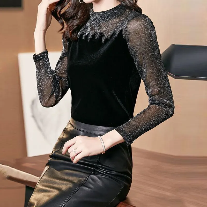 

Golden Velvet Top for Women in Autumn Winter New Slim Splicing Bright Silk Long Sleeve Half High Collar Simple Versatile T-shirt