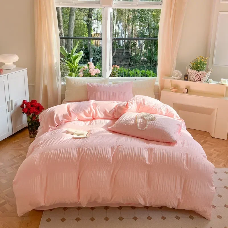 

Korean Princess Seersucker Bedding Set Duvet Cover Flat Sheets Pillowcase Bed Sheet Set Soft Comforter Cover Bed Linens Set