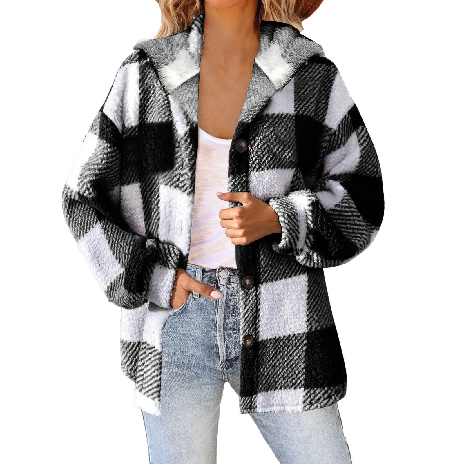 Women Plaid Fleece Hooded Sweatshirt Coat