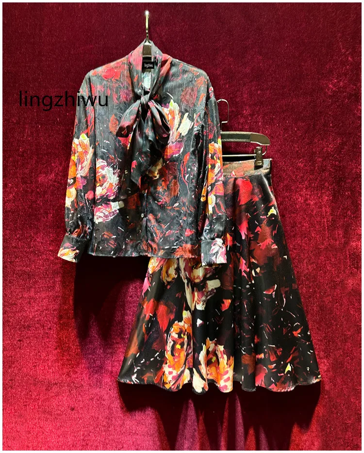 

lingzhiwu Print Skirt Set French Vintage Blouse Long Skirts Suit Fashion Twinset Female Elegant 2024 Spring Autumn New Arrive