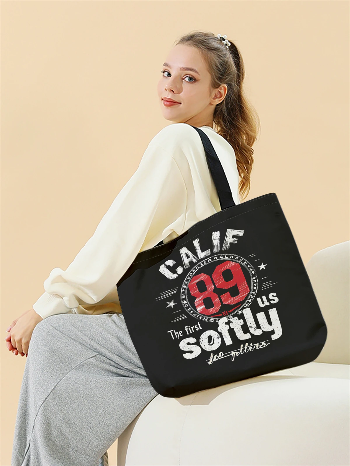 1pc,vintage trendy handbag, reusable fashionable handbag, multifunctional handbag, printed canvas shopping bag