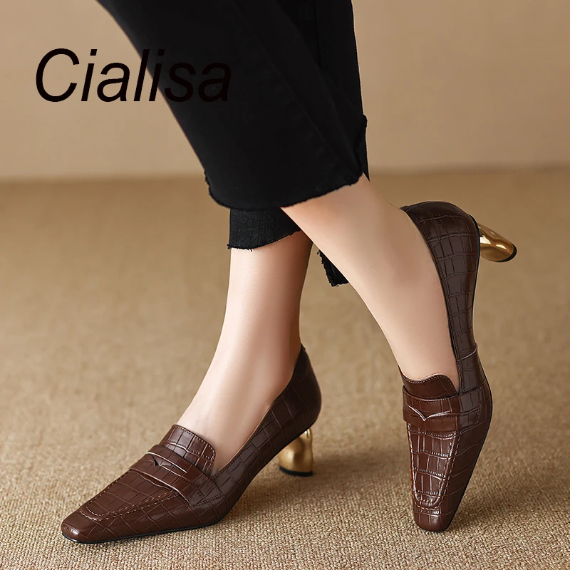 

Cialisa Fashion Women Pumps New 2023 Spring Wine Red Genuine Leather Casual Shoes Square Toe Strange Style Heel Lady Footwear 40