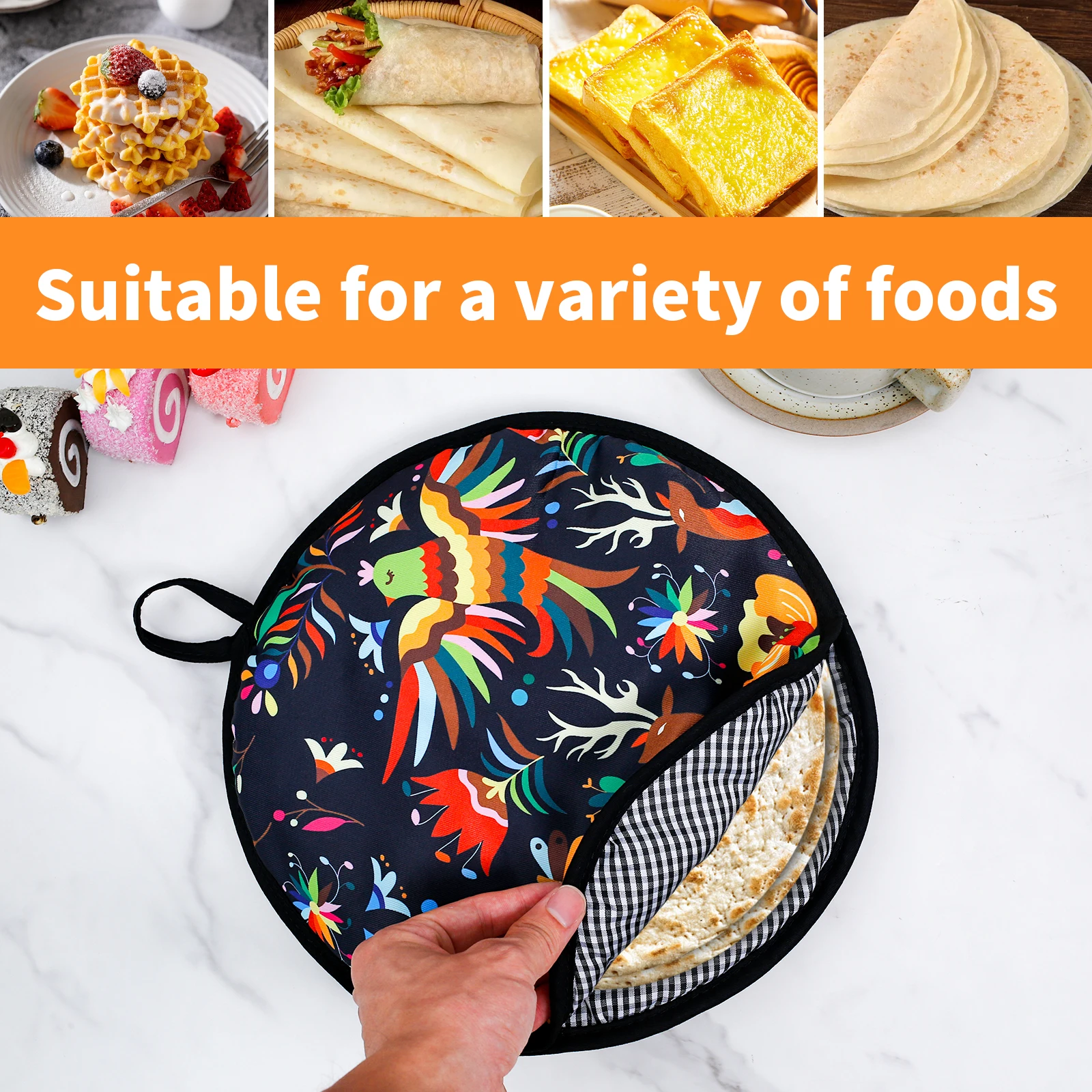 1/2Pcs 12inch Burrito Warmer Bag Circular Cloth Bag with Handle Insulated Microwave-Safe Fabric Holder for Pizza Bread Flour 6