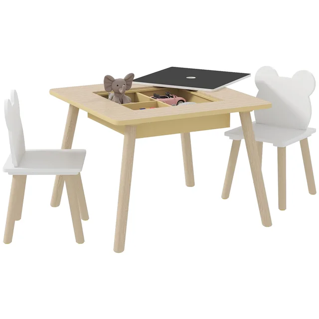 Table et 2 chaises en bois pour enfants Aiyaplay avec compartiments et tableau noir amovible 60X60X44 cm Naturel et Blanc 1