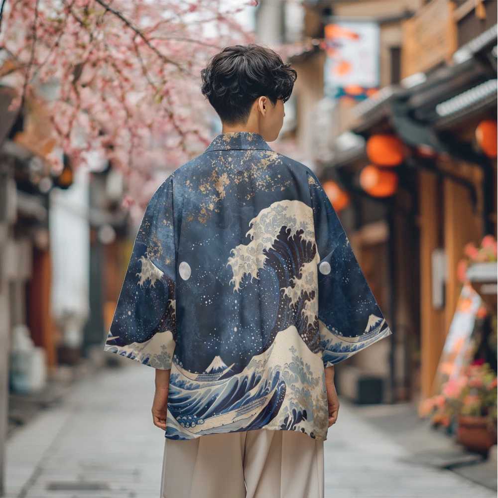 Japanese Kimono Cardigan Summer Samurai Kimono Men Cosplay Stylish Wave Print Haori Streetwear Japanese Fashion Yukata Vintage Cardigan Robe