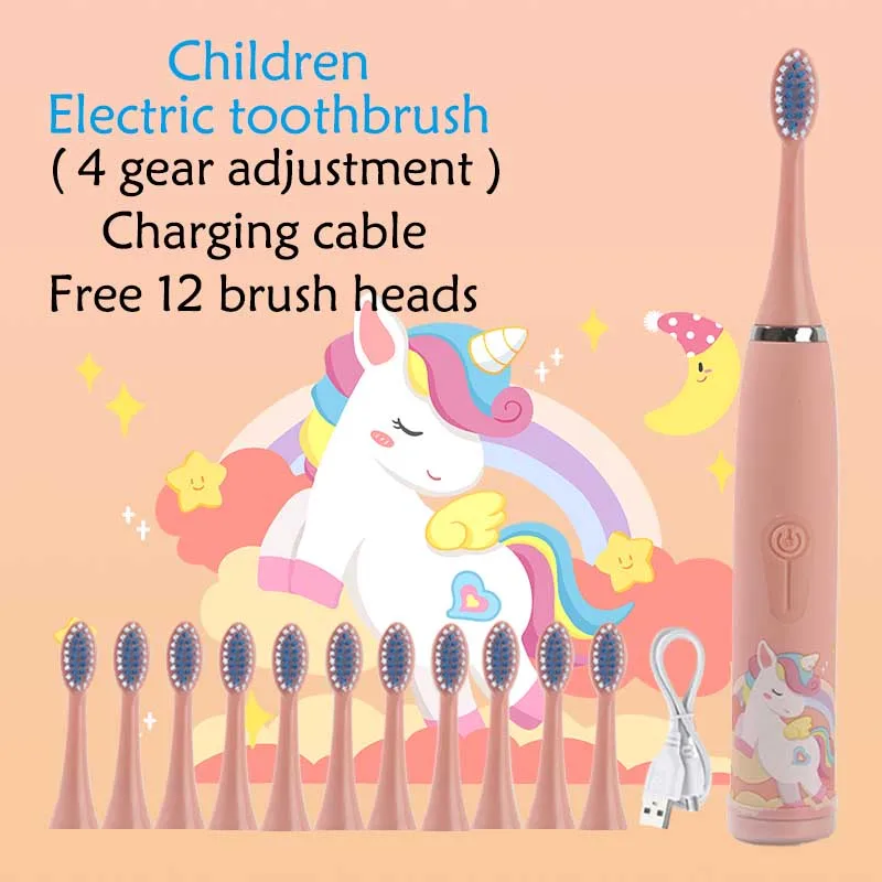 

Sonic Electric Toothbrush Cartoon Kids With 12PCS Replacement brush heads Waterproof Rechargeable Timer Brush for Children Pink