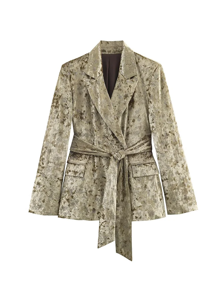 New Women Blazer Pants Set Fashion Elegant Belted Suit Coat Wide Leg Lantren Pants Vintage Velvet Female Party Clubwear Suit