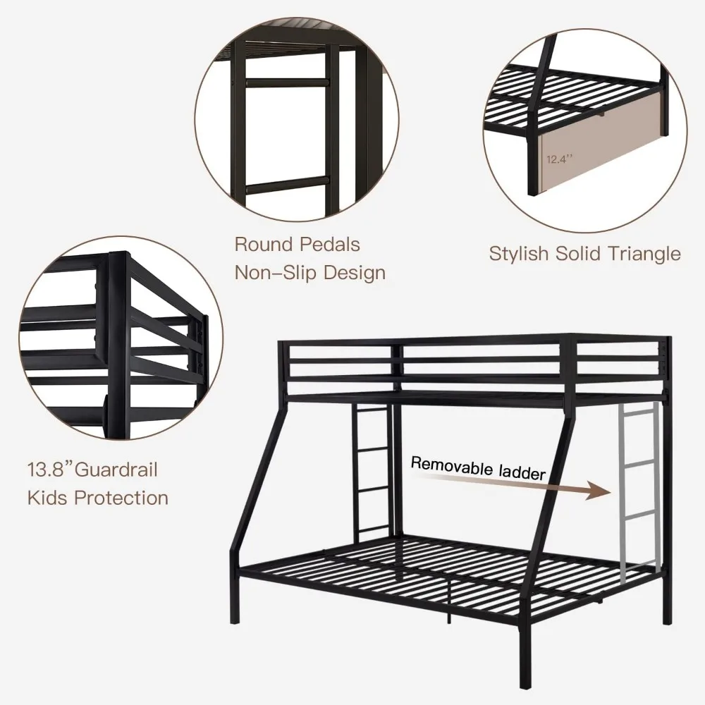 Metal Bunk Bed,Twin Over Full Size Beds with Sturdy Guard Rail & Removable Ladder,Space-Saving/Noise-Free/Matte Black bed frame 5
