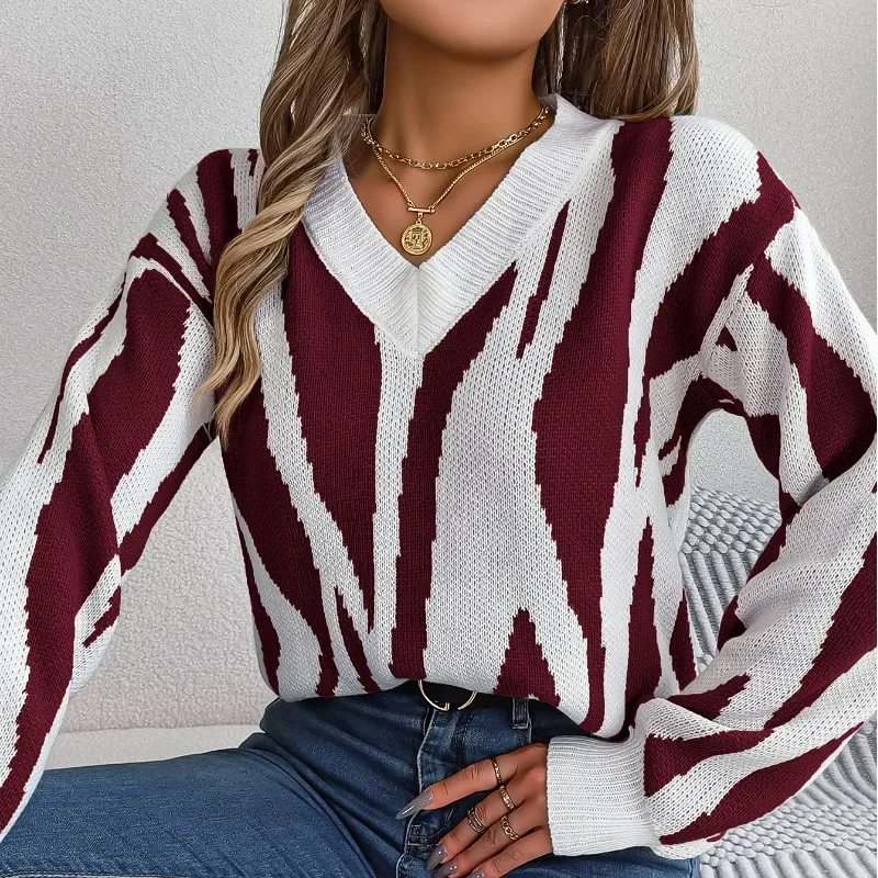 

Autumn and Winter Women's Pullover V-neck Long Sleeve Contrast Stripe Loose Office Lady Fashion Casual Bottom Sweater Tops