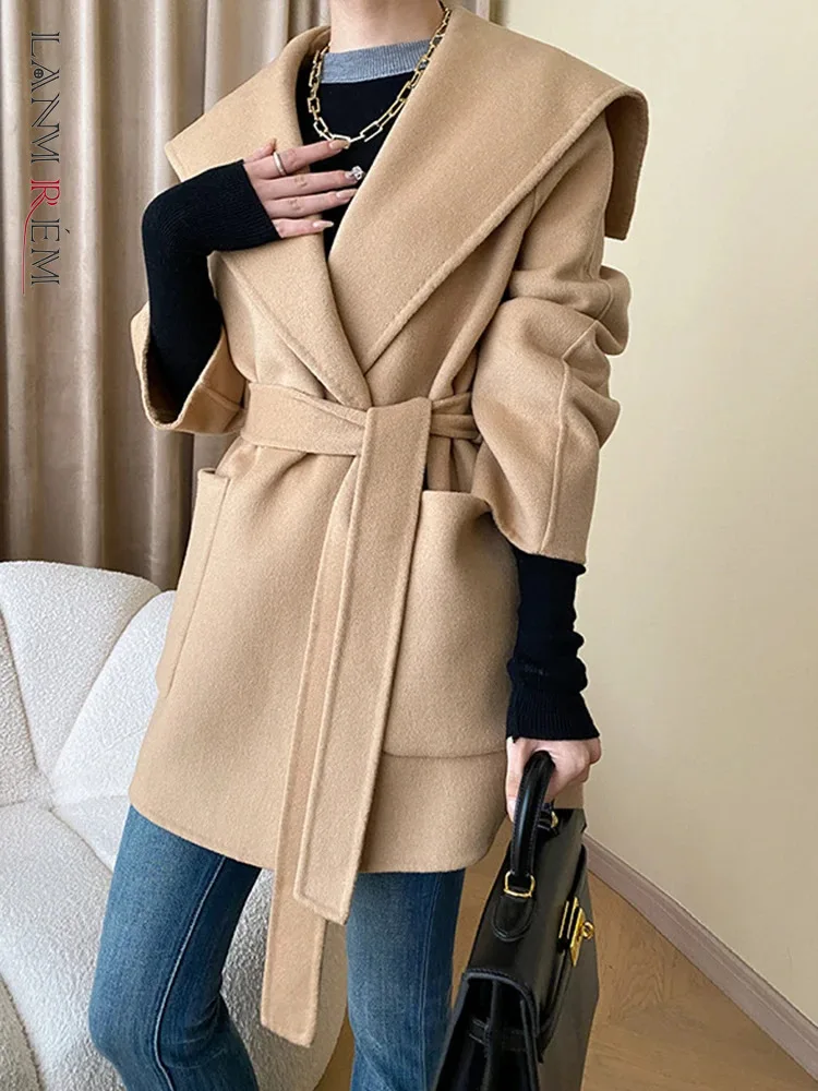 

[LANMREM] High End Woolen Coats For Wom Solid Long Sleeve Lace-up Gathered Waist Thick Warm Outwear 2023 Winter New 26D6454