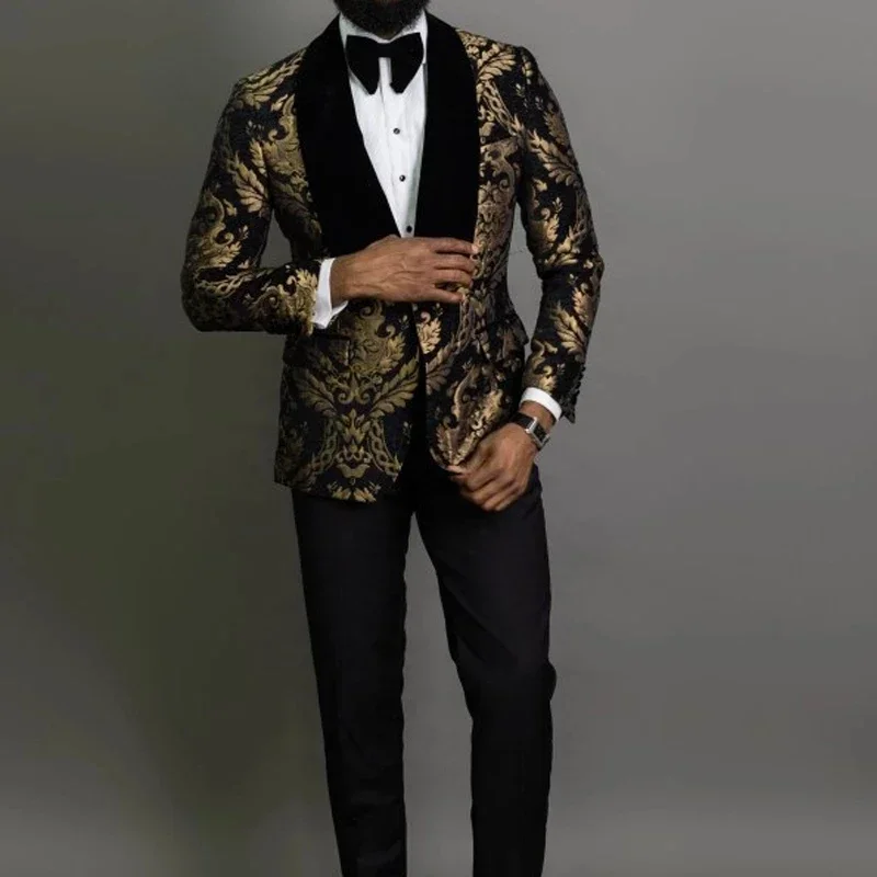 Black Floral Jacquard Men Suits Black Lapel Wedding Dress Costume Homme Prom Slim Fit Tuxedo Groom Terno Masculino Blazer 2 Pcs