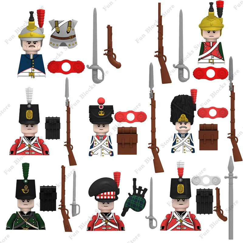 

New Toys Military British Soldier Figures Building Blocks Army Medieval Napoleonic Wars Fusilier Rifles Bagpiper Weapons Bricks