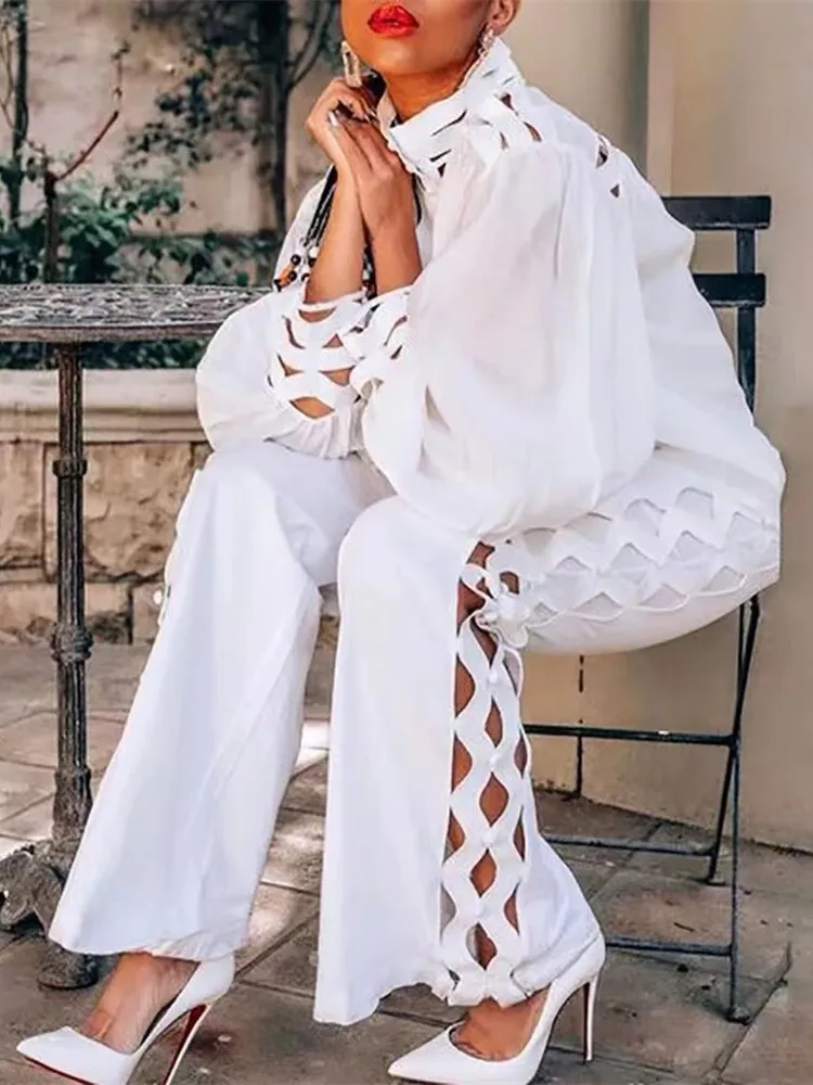 Wmstar 2 Piece Set Women Plus Size Hollow Out Sexy Young Daily Soft Full Sleeve Fashion Pants Wide Leg Wholesale Dropshipping