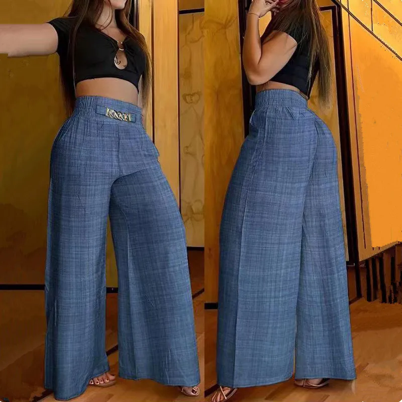 

Casual Women Pants 2023 Summer Fashion Chain Decor High Waist Plain Pocket Design Wide Leg Daily Vacation Long Pants Trousers