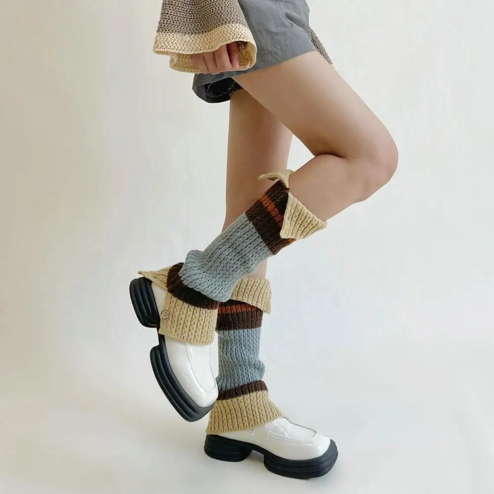 

1 Pair Women Winter Women Warm Striped Foot Covers Knitting Stretch Stitching Button Up Japanese Calf Socks Leg Warmers