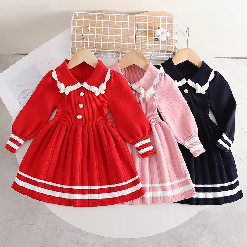 

Girls Knitted Sweater Dress Autumn Winter New Warm Sweater Dress Candy Color Sweet Lace Bow Girl Knitted Sweater Dress 2-6Yrs