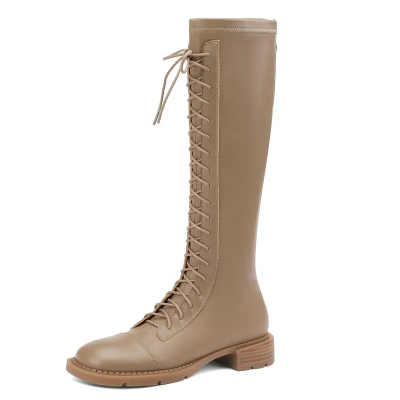 

Genuine Leather Low Heels Lace Up Women Knee High Boots Autumn Winter Fashion Office Ladies Casual Party Shoes Woman Long Boots