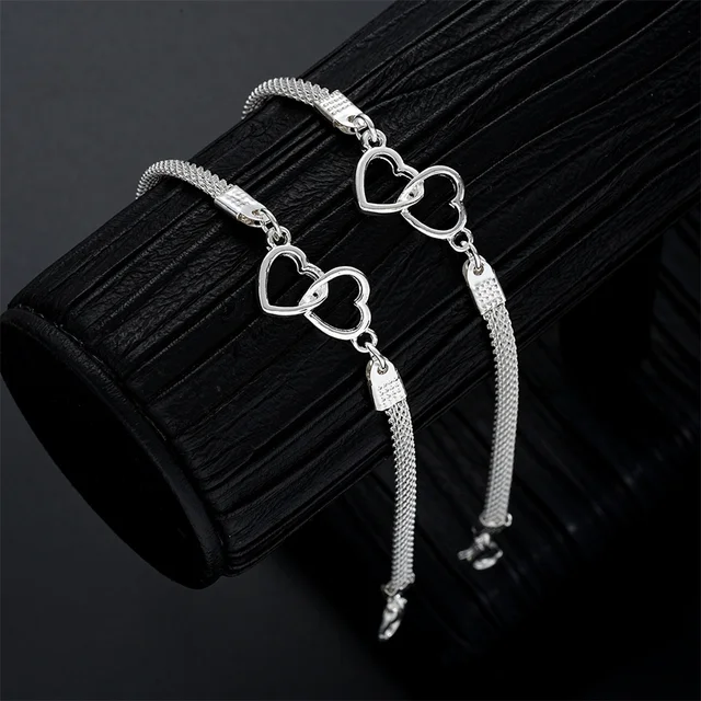 Bracelets de Couple en forme de cœur d'amour pour femmes et hommes, couleur argent, Double couche, chaîne assortie, bijoux cadeau pour amoureux, 1 pièces