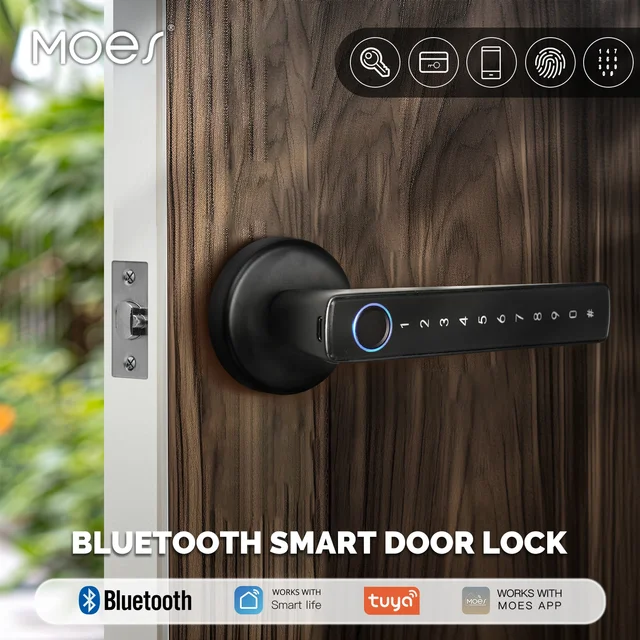 MOES-Smart Fingerprint Door Handle Lock com Bluetooth, senha eletrônica, APP Desbloqueio Remoto, Hotel, Apartamento, Escritório, Casa de Aluguel, Tuya 1