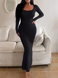 Elegant Plus Size Women's Long Slim Fit Evening Dress with Square Neck and Long Sleeves - 4XL (Black)
