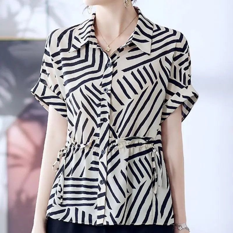 Women's Blouse Summer New Polo-Neck Button Tie Up with Printed Fashion Slim All-match Work Wear Casual Short Sleeve Shirt Tops