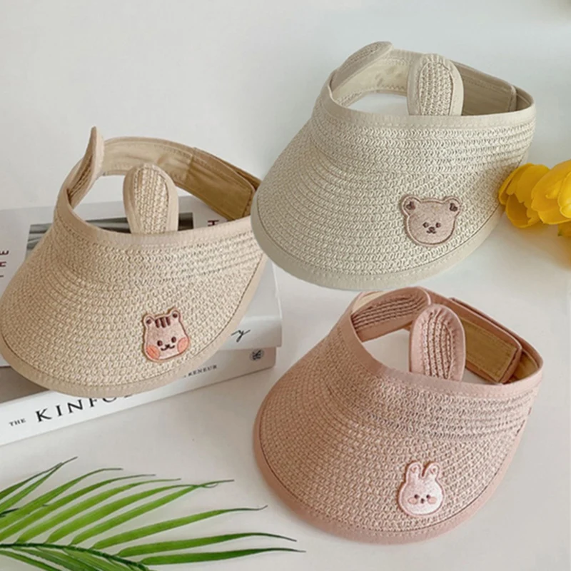 Summer Kids Caps Cartoon Bear Straw Baby Bucket Hat Ear Newborn Panama Cap Outdoor Beach Infant Toddler Boy Girl Sun Hats Bonnet