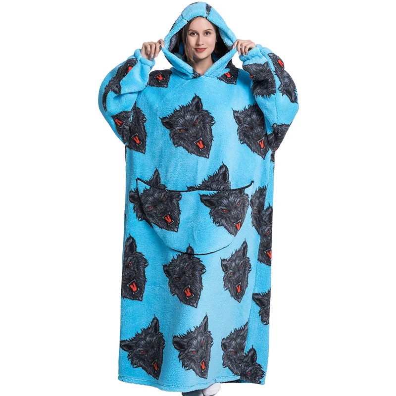 Wearable Blanket Hoodies Winter Home Wear Thick Loungewear Plush Flannel Pajamas For Adult