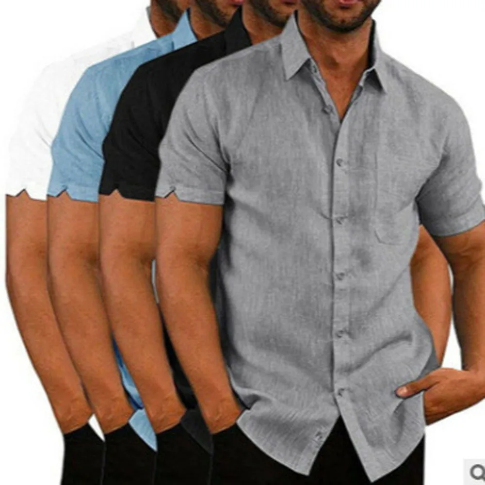 Mens Summer Short Sleeve Slim Fit Solid Color Blouse