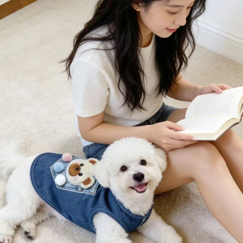 카우보이 애완동물 옷 강아지 동물 자수 조끼 테디 여름 오픈 버튼 옷 슈나우저 민소매 반팔