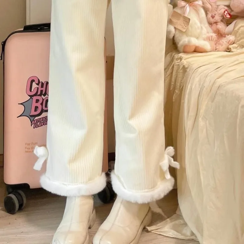 QWEEK Japanese Kawaii Fleece Women's Pants Winter Cute Korean Style Warm Trousers Baggy Harajuku Fashion Preppy Baggy Sweatpants