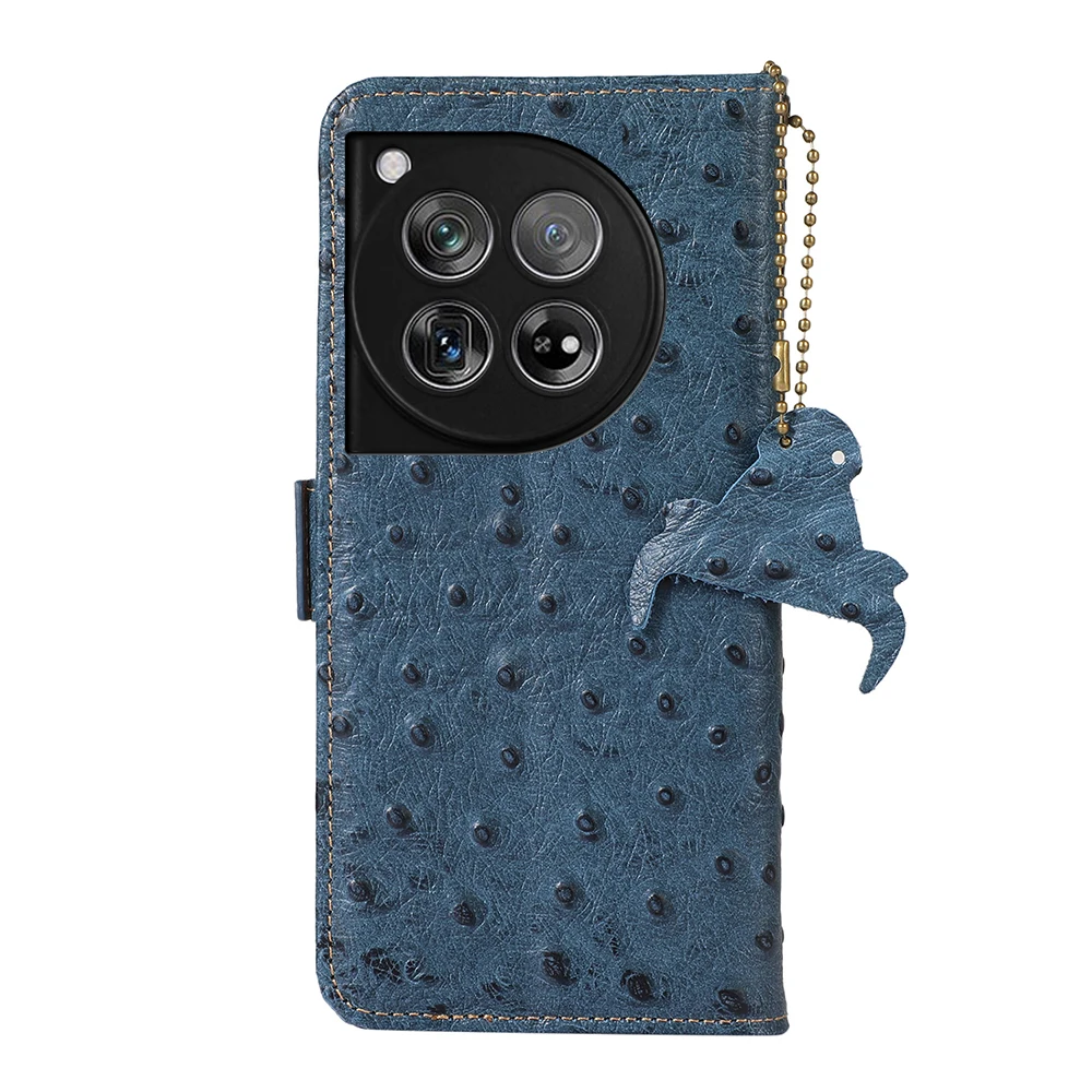 Luxury Ostrich Pattern Genuine Leather Case for OnePlus 12 Shockproof RFID Blocking Magnetic Closure Flip Cover Slim Wallet Case