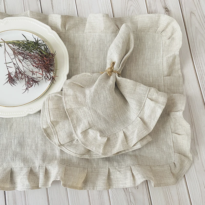 4Pcs Linen Ruffle Dinner Napkins 30X45cm Pure Linen Cloth Placemats Easter Wedding Party Decoration Kitchen Washable Fabric