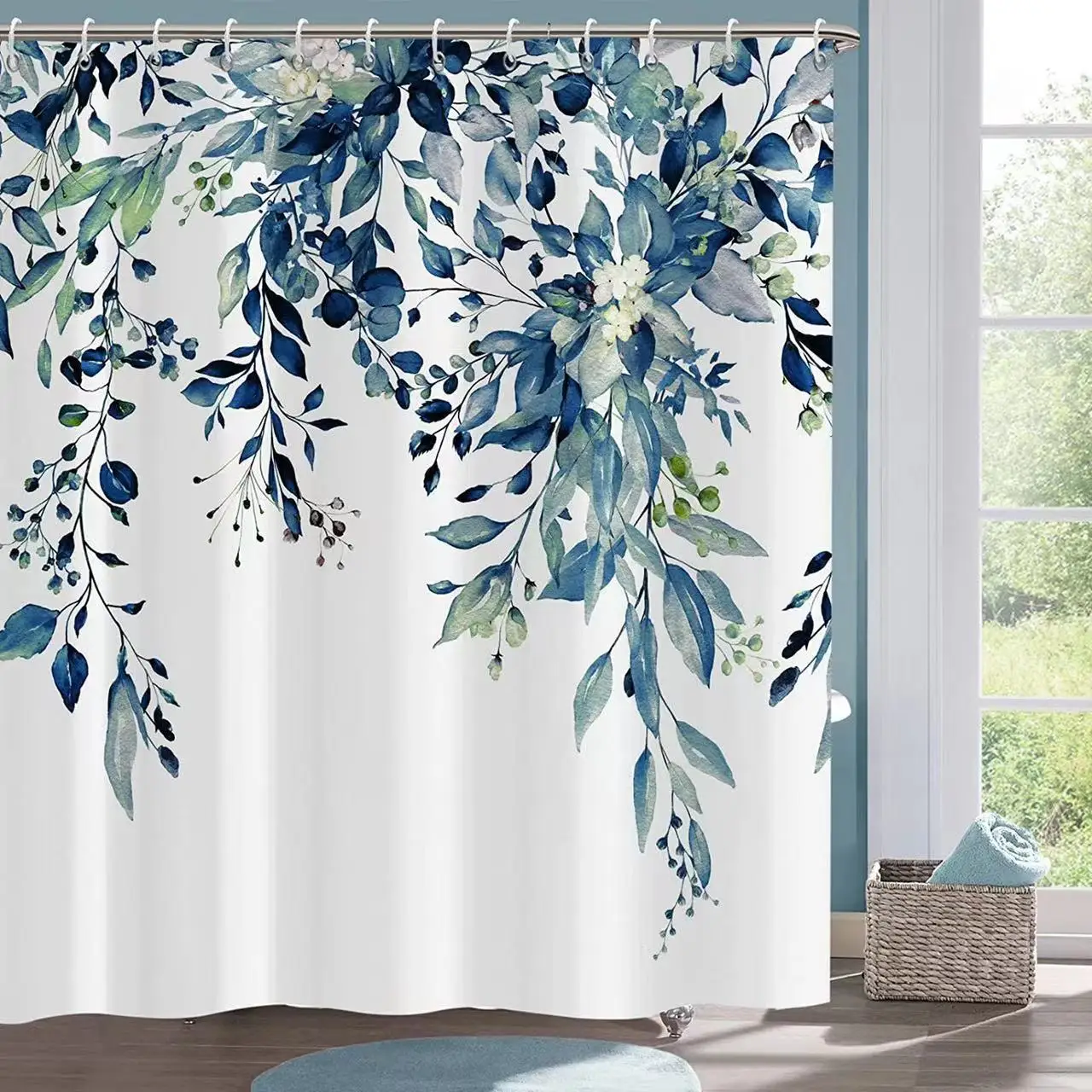 

Watercolor Leaves on The Top Blue Eucalyptus Shower Curtain Bathroom Curtains Washable Waterproof Plant Leaf Bathroom Decor Set