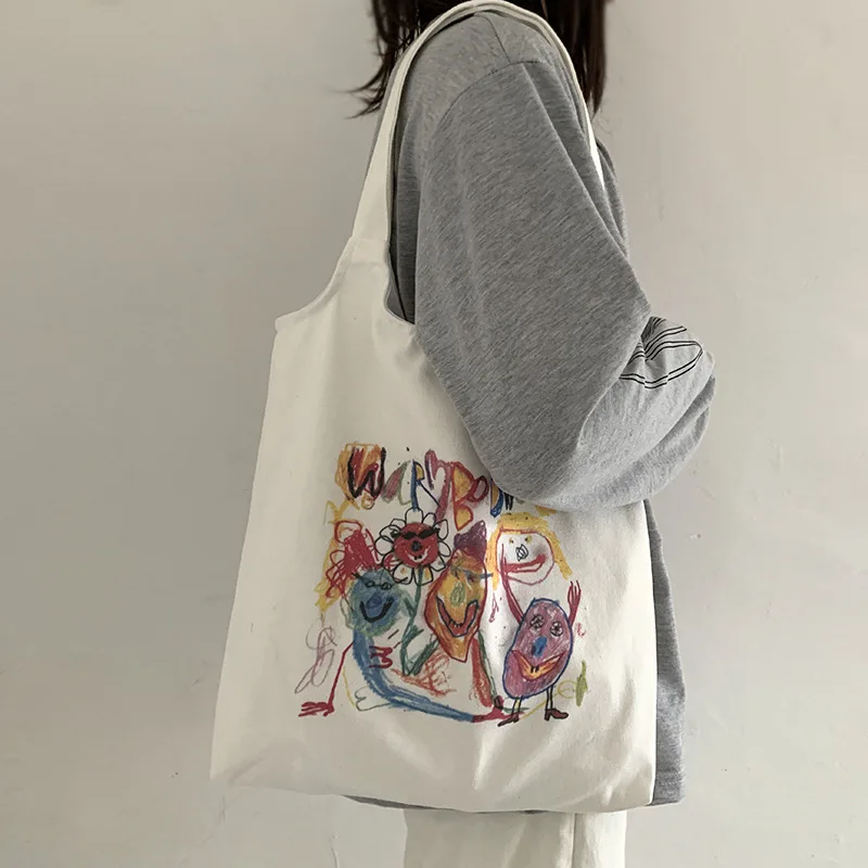 

New Japanese Tote Shopping Bag for Lady 2023 Literary Cartoon Canvas Shoulder Bag Women Students Cotton Cloth Eco Shopper Bag
