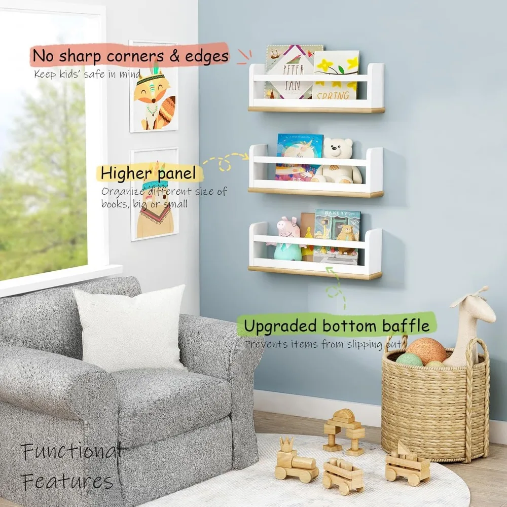 Small Kids Bookshelves Wall Mounted 3-Pack, White Floating Nursery Book Shelves for Kids Room Bedroom, Solid Wood Hanging 3