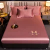 Luxury Satin Fitted Sheet Embroidered Solid Color Mattress Cover with Elastic Band Bed Sheet Bed Linen High-end Rayon Bedsheet 2